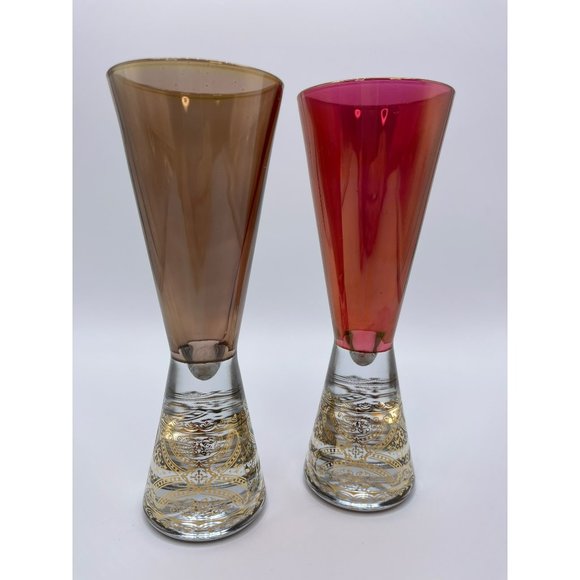 Pair of Beautiful, Modern, Gold Filigree Champagne Flutes, Heavy Bottom, 6 3/4” - Picture 2 of 9